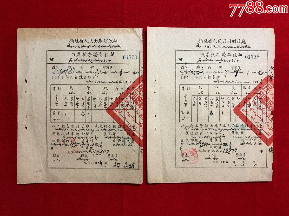 金融票证单据2248,1954年新疆人民政府财政厅牧业税票证存根,2张合售
