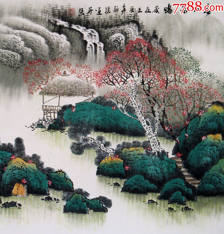 纯手绘国画山水客厅办公室风水画四尺斗方春山泉鸣卷轴挂画