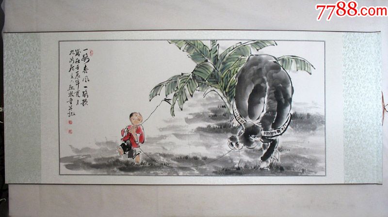 手绘国画何奕兴人物作品水墨画四尺横幅牧牛办公室卷轴挂画字画