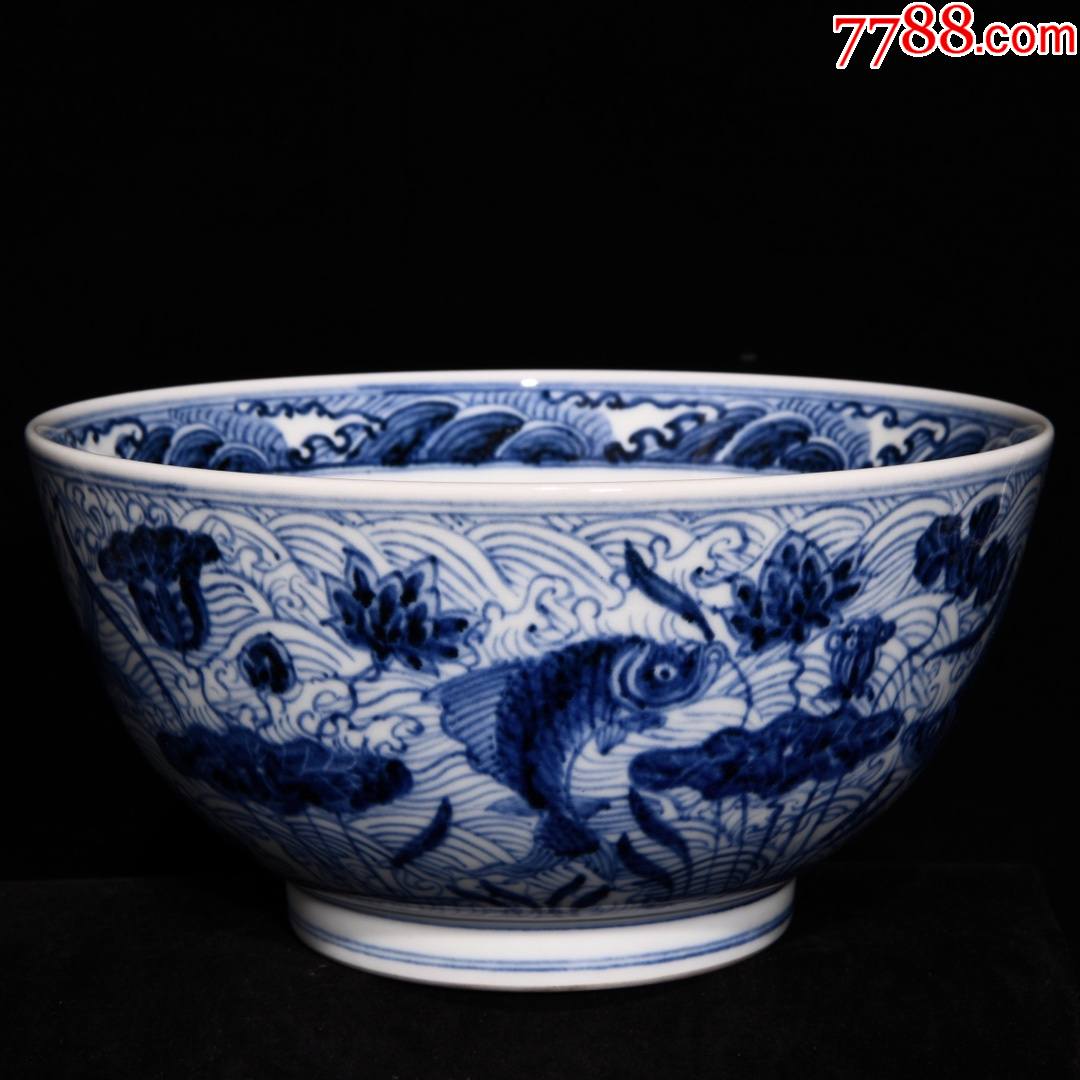 明宣德青花鱼藻纹碗108x21现代工艺品