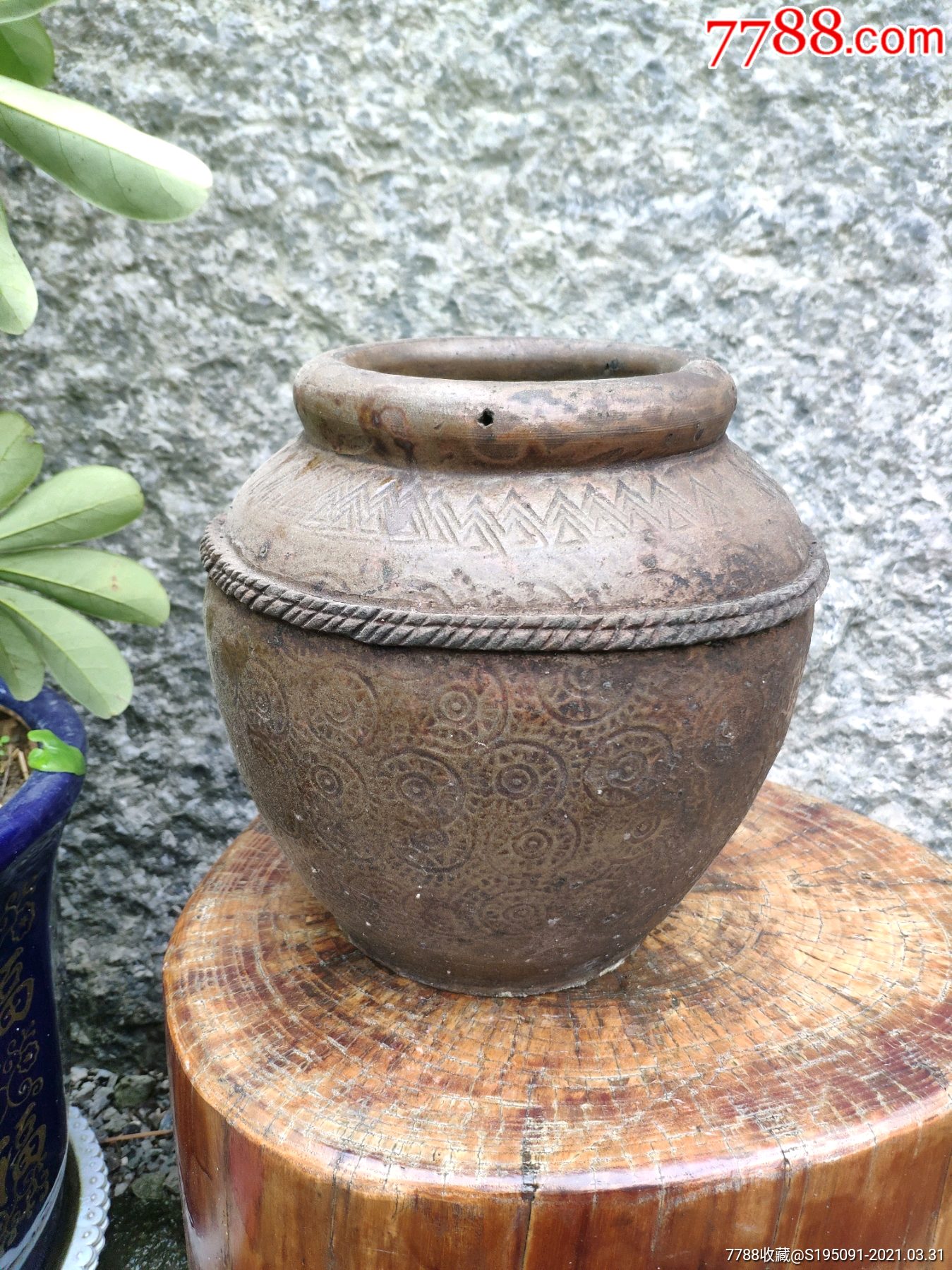 民国印花陶罐插花罐摆件