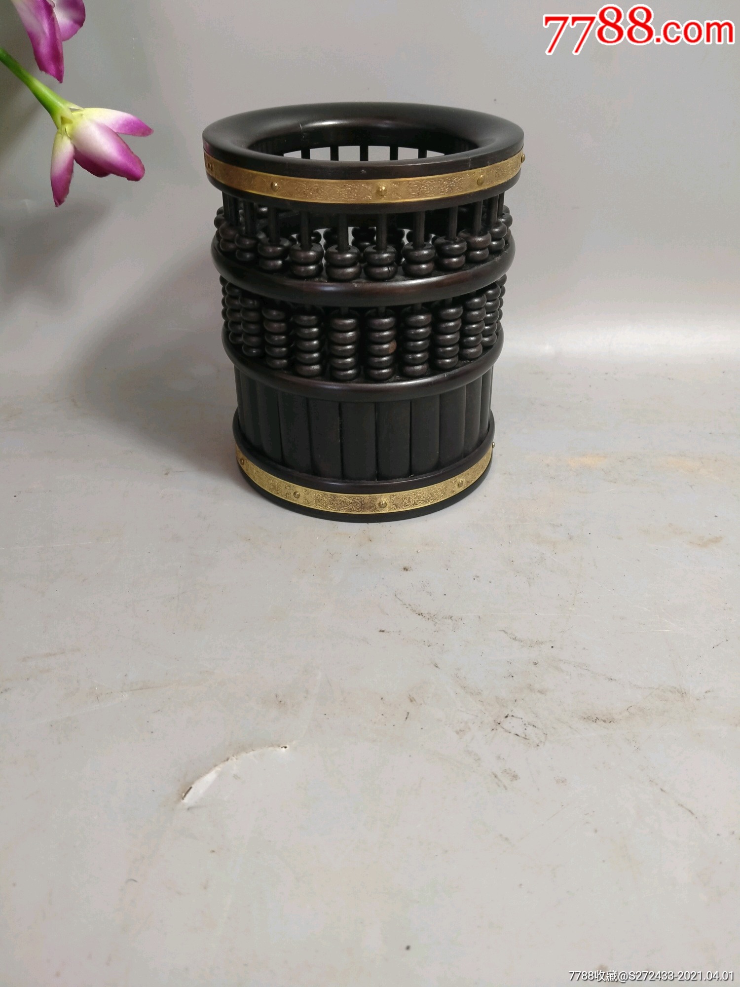 圆形玉石算盘笔筒摆件实用办公桌摆设饰品品相尺寸如图