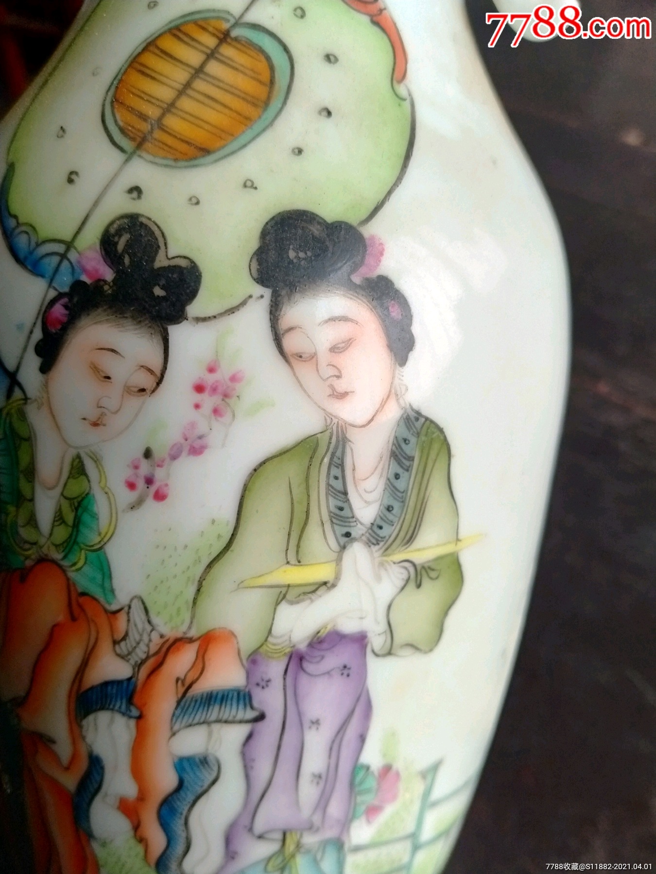 精品一流画工民国名家刘荣盛文雅轩粉彩多彩美女春游图大号花瓶-彩绘