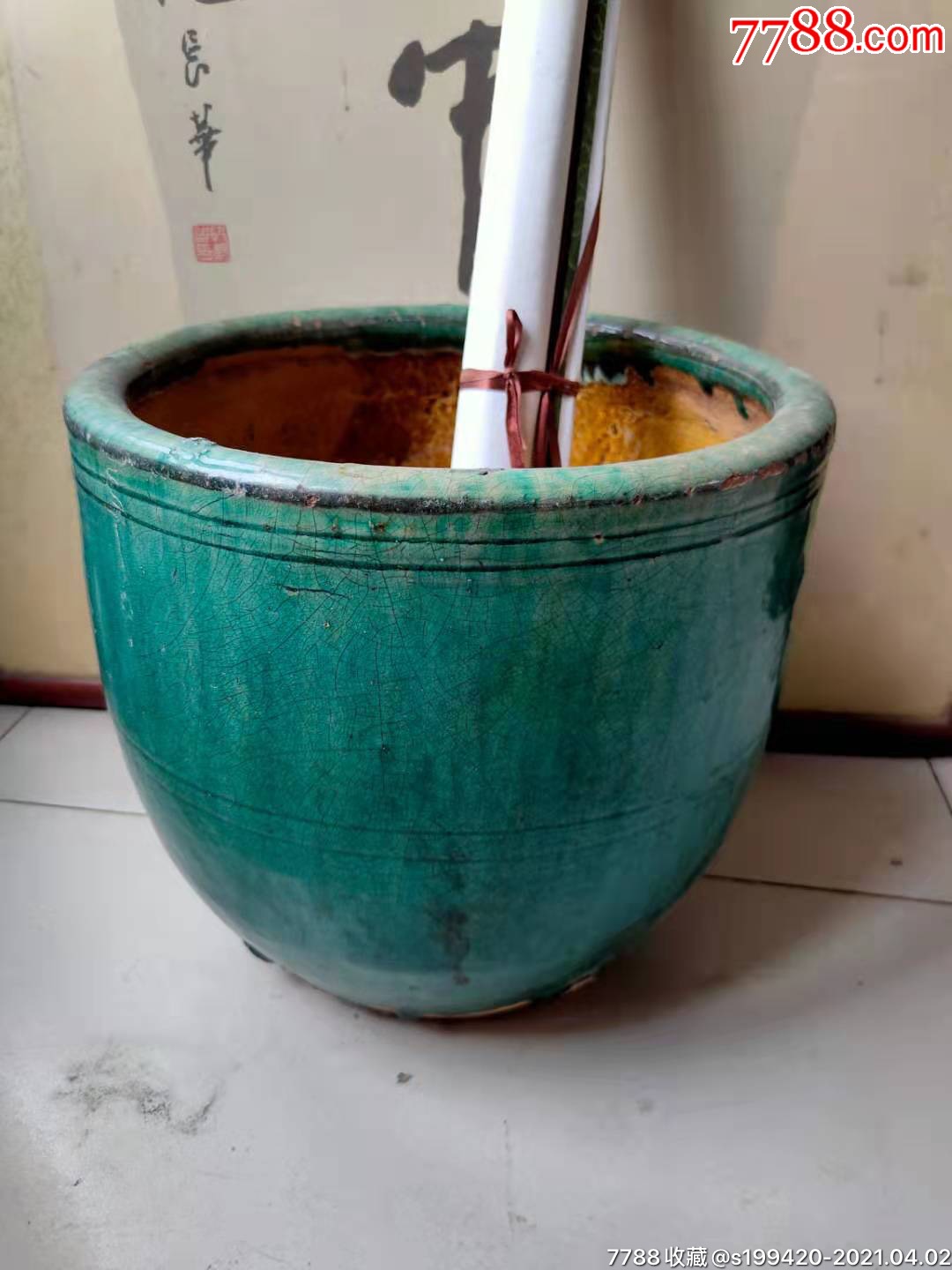 清代孔雀绿釉卷缸品相完整如图釉色漂亮文房佳品