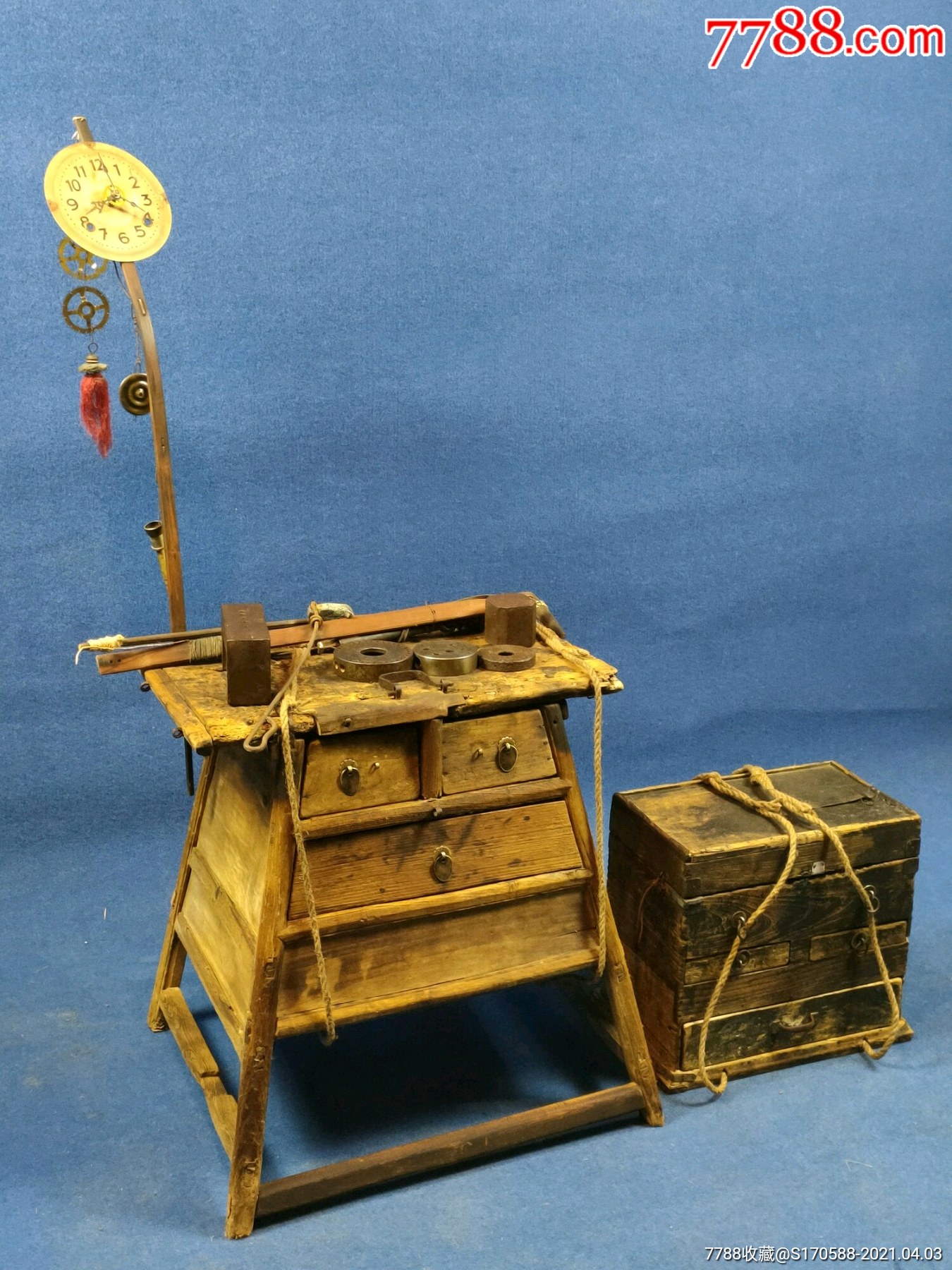 清代修理钟表眼镜烟袋锅子的老工具挑子一套全品包老