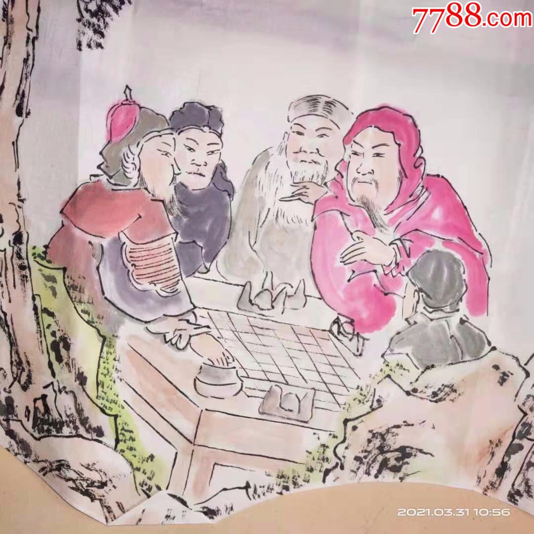 精品扇面人物画国画,几个仙人在一起下棋,原创作品,纯手工绘画