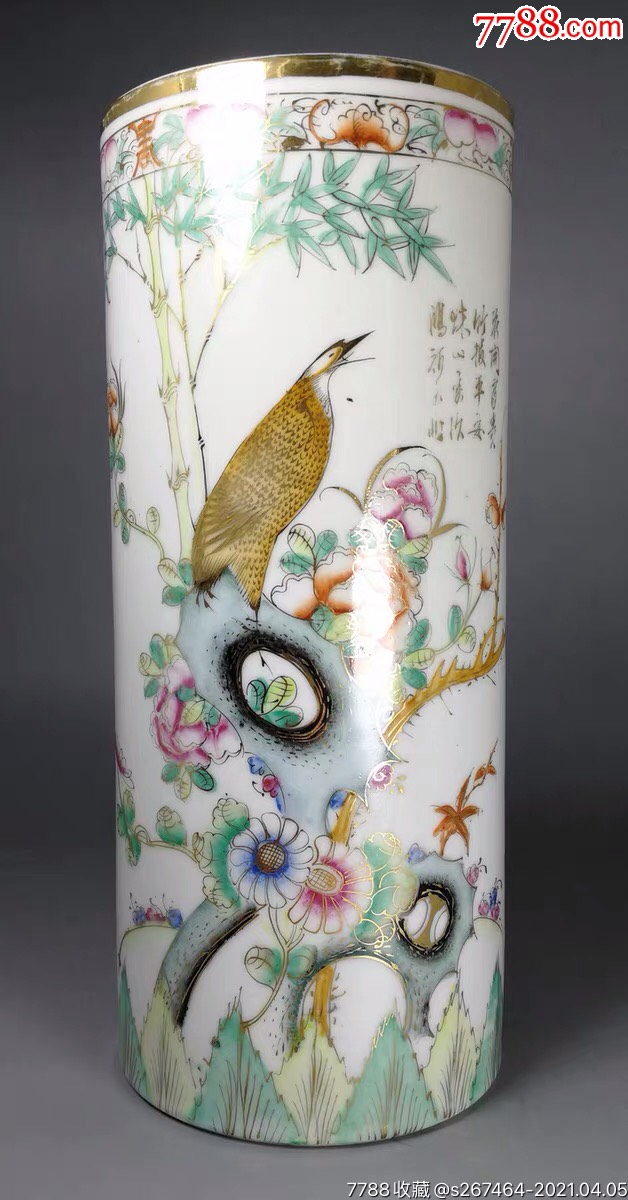 民国瓷器粉彩描金花鸟纹帽筒