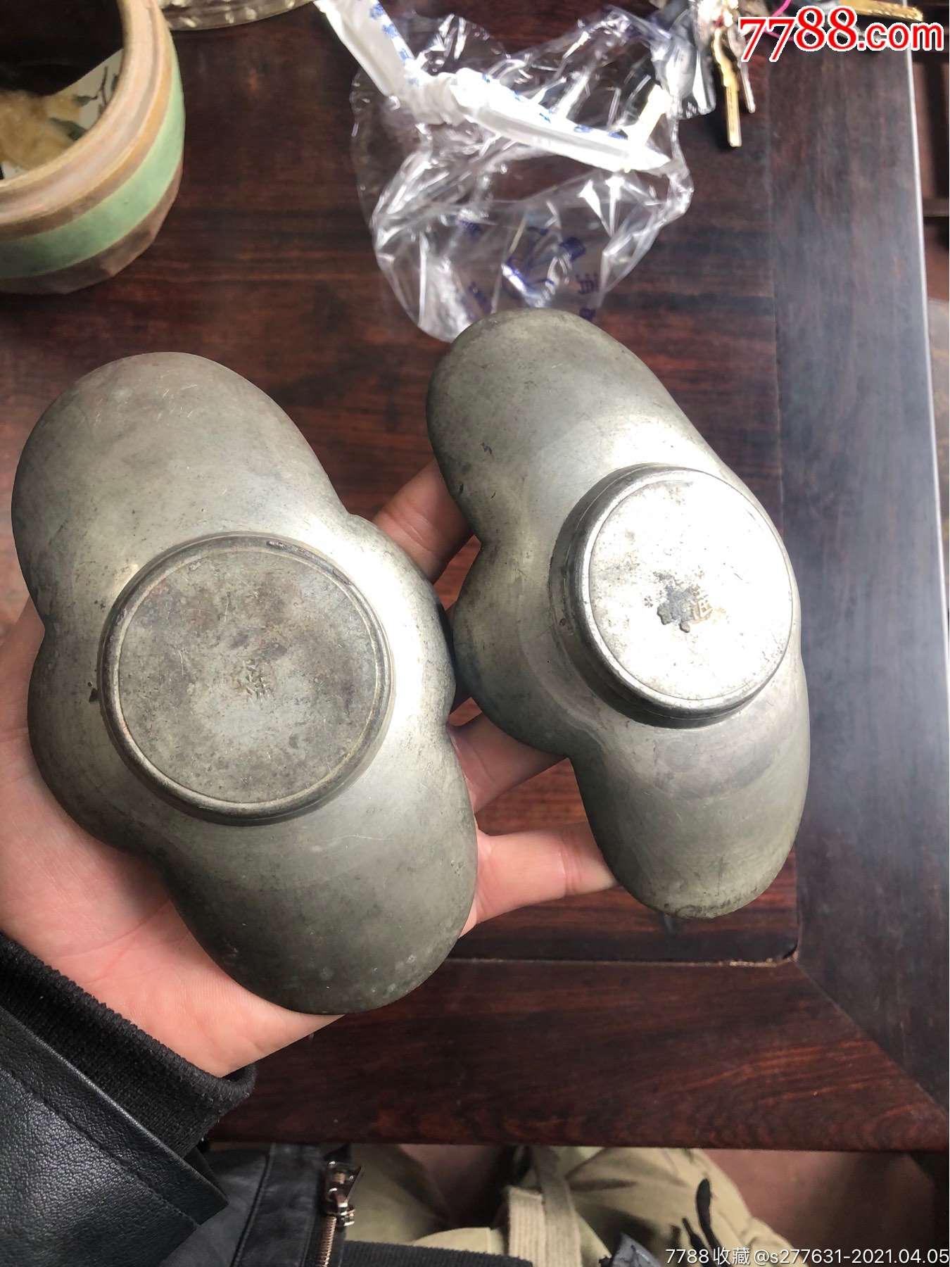 晚清民国老锡器点铜茶船一对