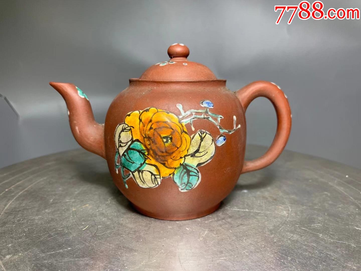 清代末出口老紫砂全手工加彩花卉纹紫砂壶约380c
