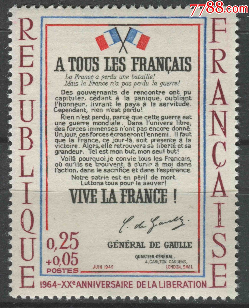 法国邮票1964年法国解放20周年自由宣言雕刻版1全新