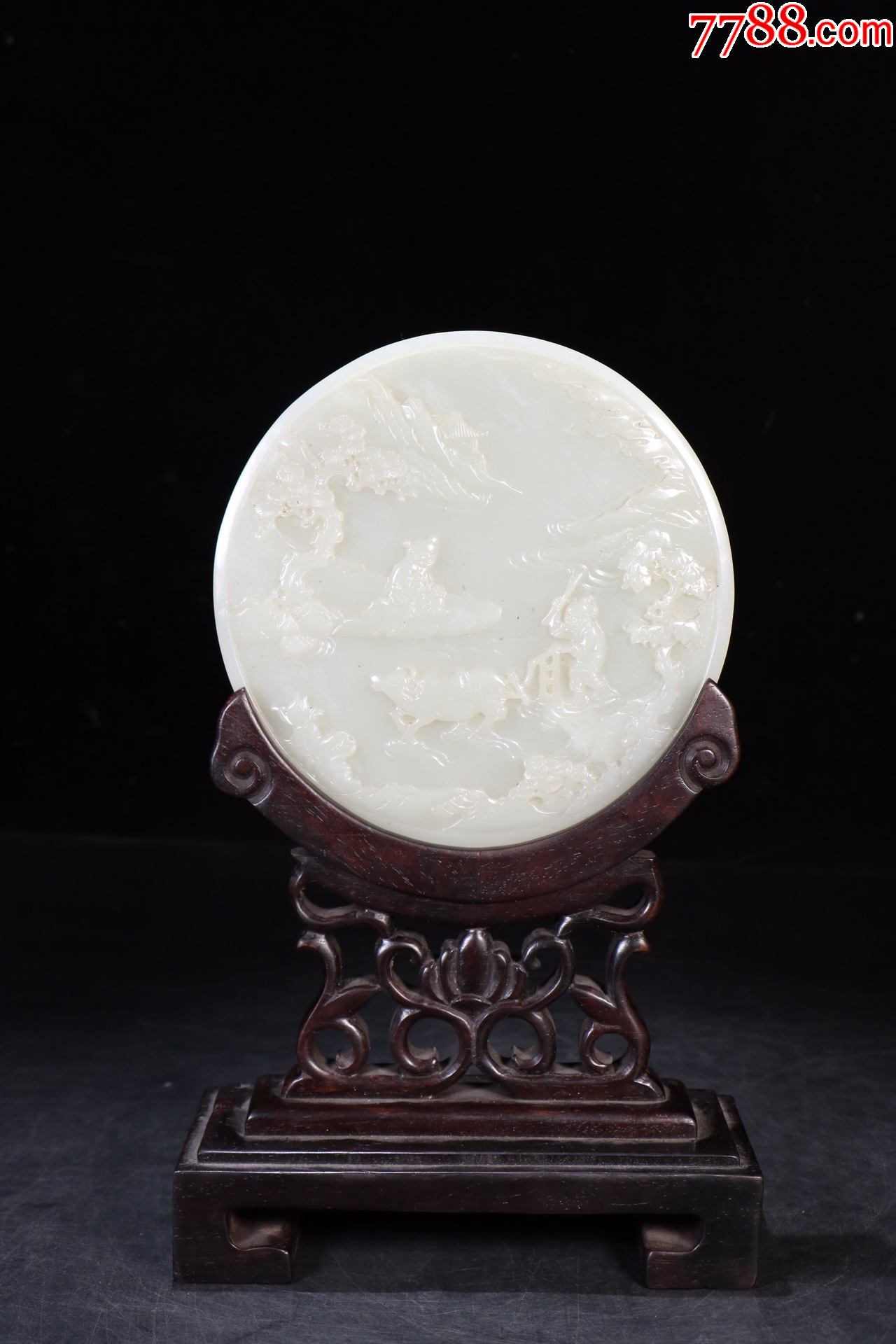 和田玉雕春耕,诗文圆形插屏.