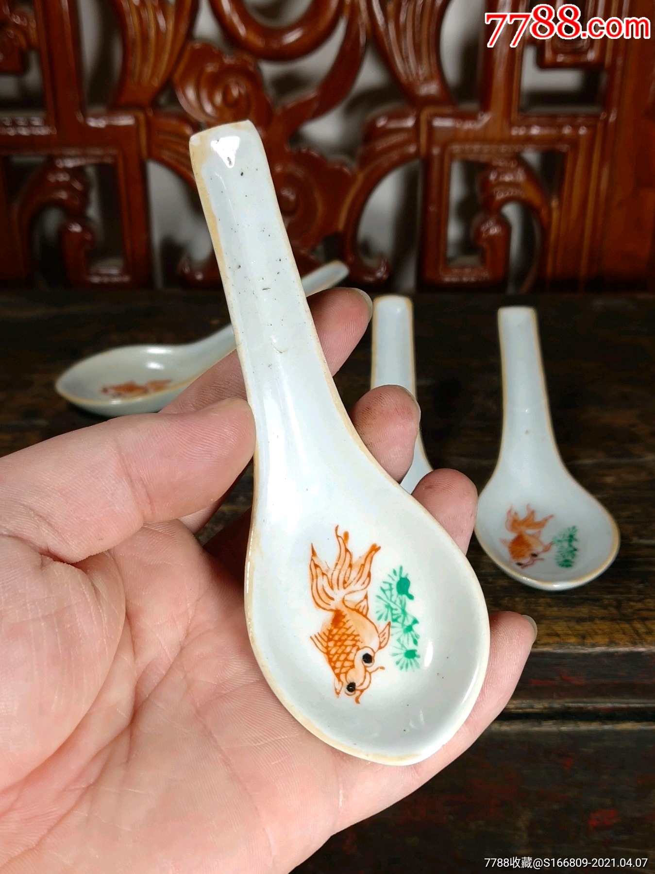 民国粉彩鱼藻纹老勺子四把全美品_彩绘瓷/彩瓷【茹艺古典民俗老物件】