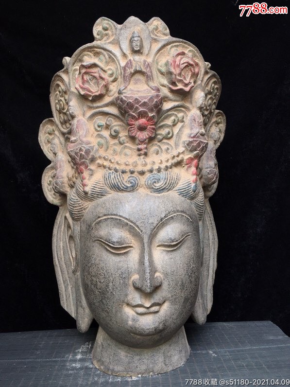 精品老青石观音头摆件雕刻精美居家供奉