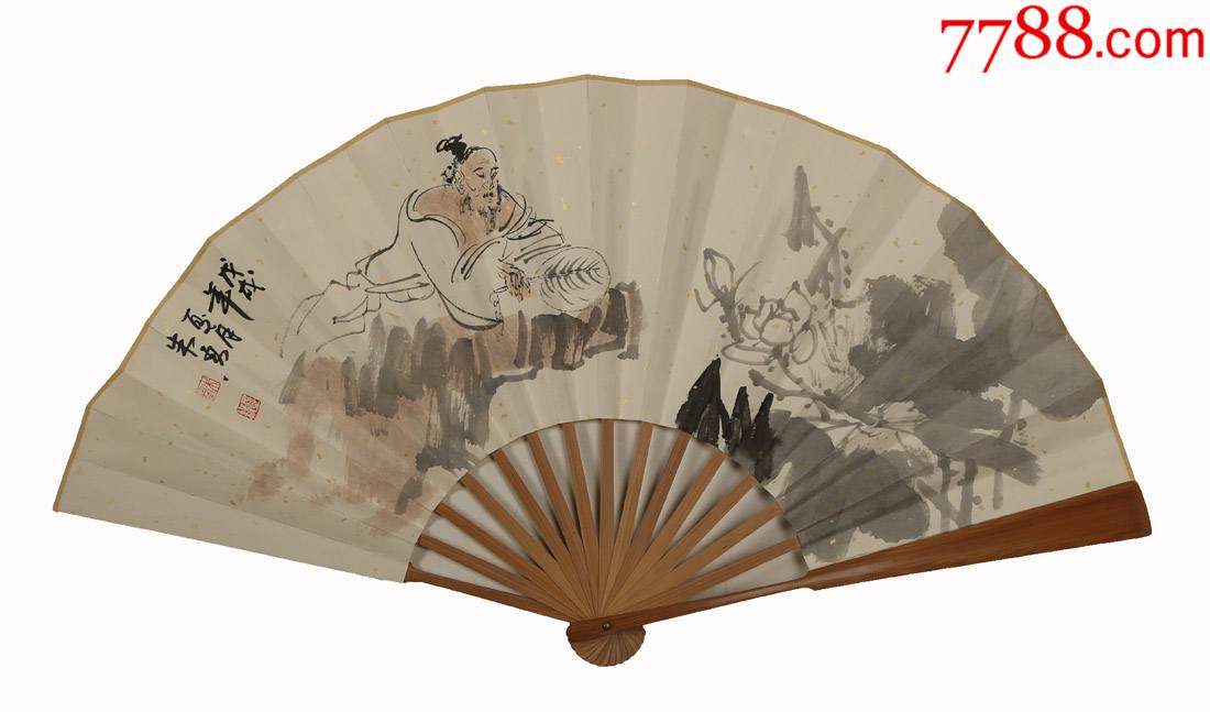 【中美协会员朱勇扇面专场】赏荷图折扇_人物国画原作_九界书画【7788