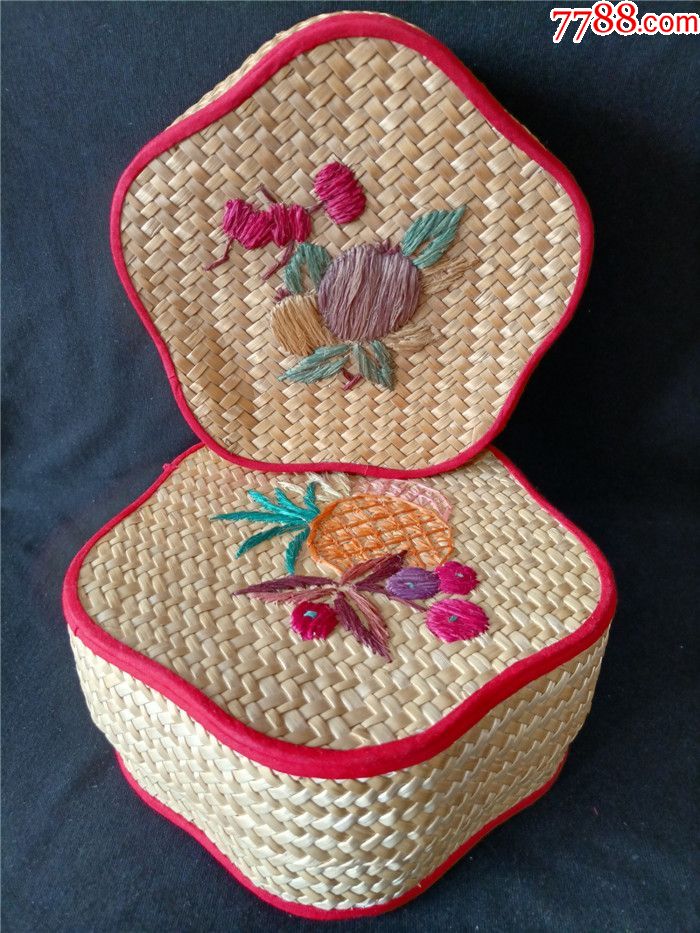 早期山东民俗纯手工艺品高粱皮玉米皮编织储物盒大小两支全新