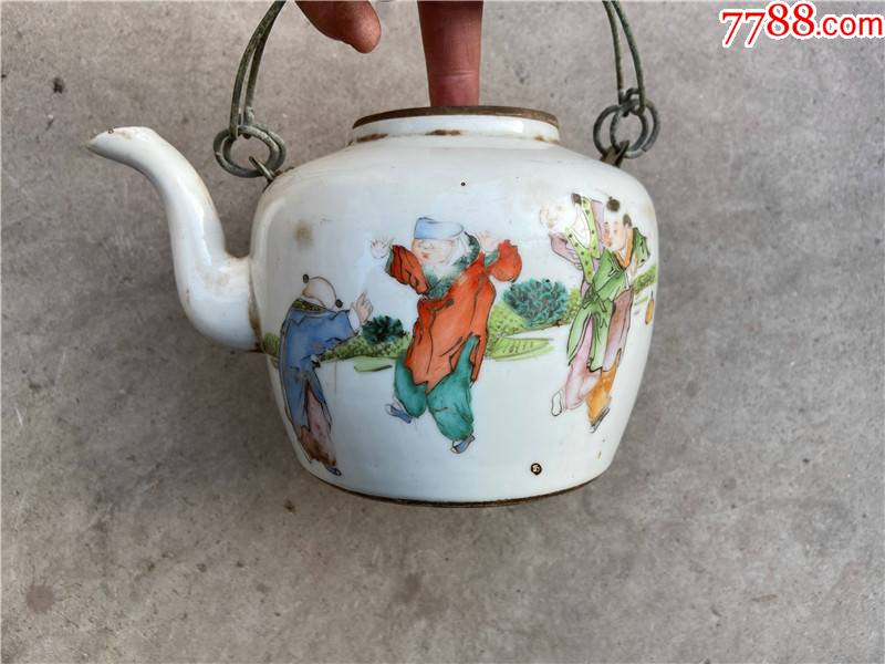 好品相清末民国名家桐华居手绘婴戏纹茶壶铜提梁瓷壶茶具包老摆件
