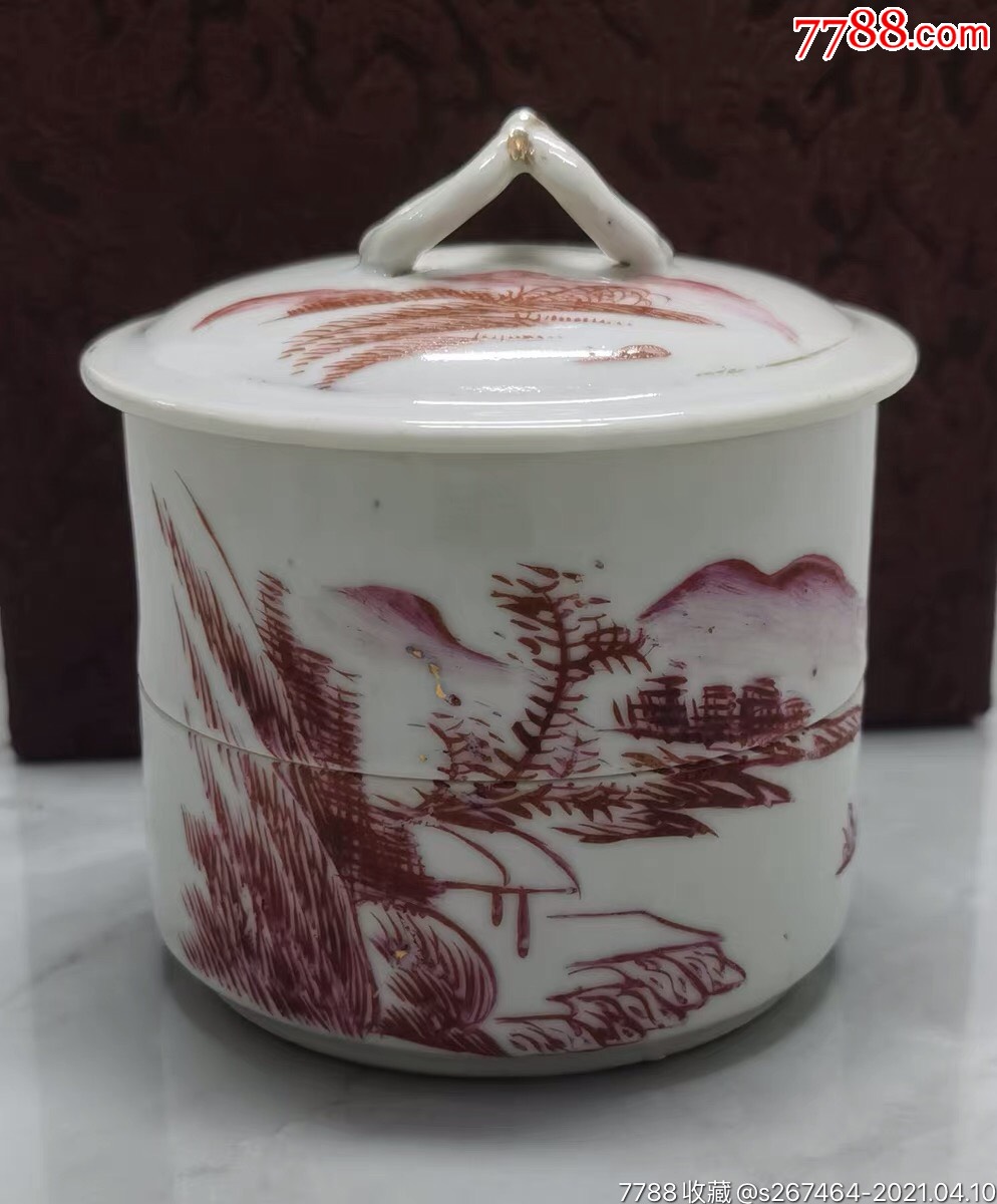 民国胭脂红山水纹二节粉盒