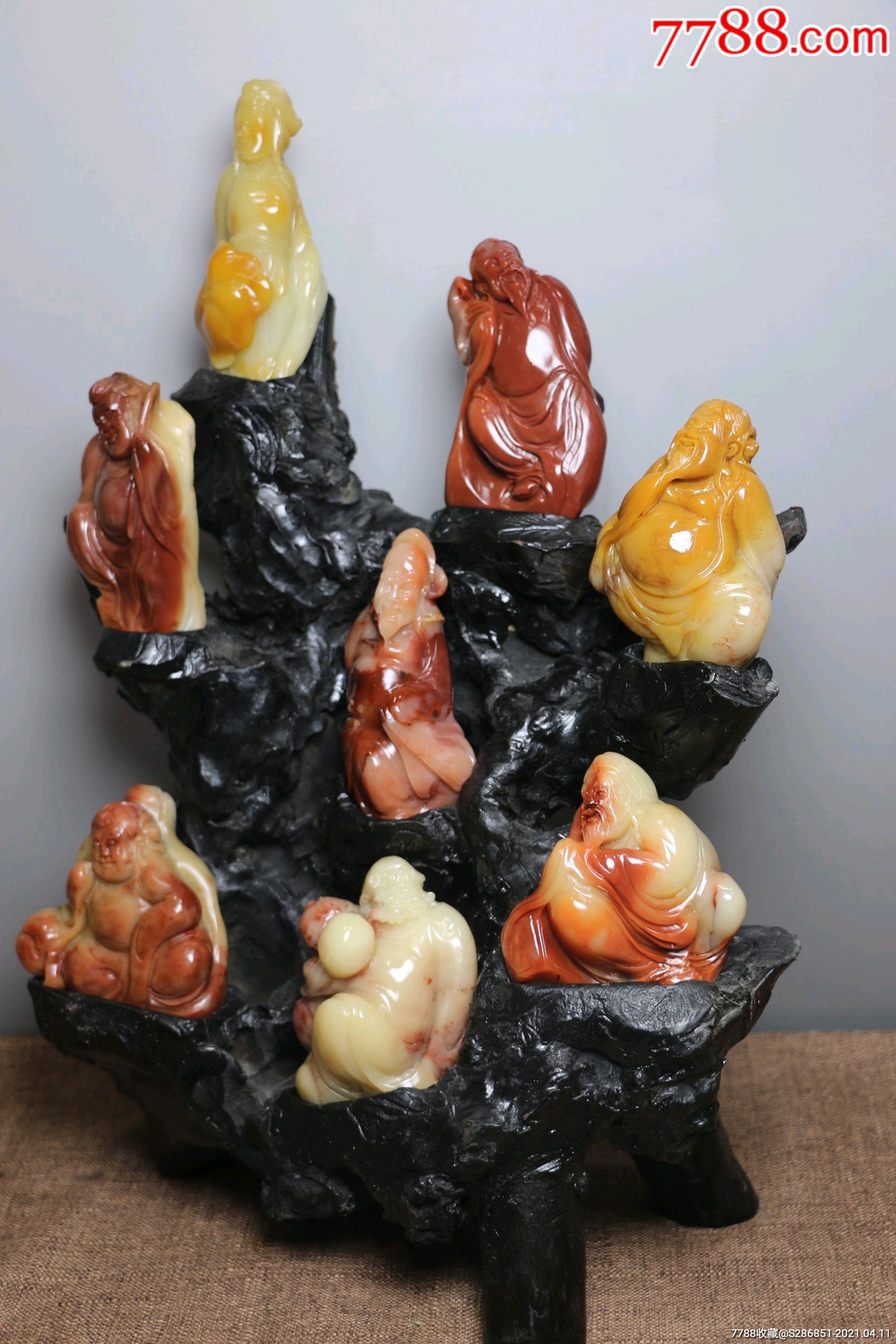 寿山石三彩芙蓉石雕刻八仙人物摆件,不议价