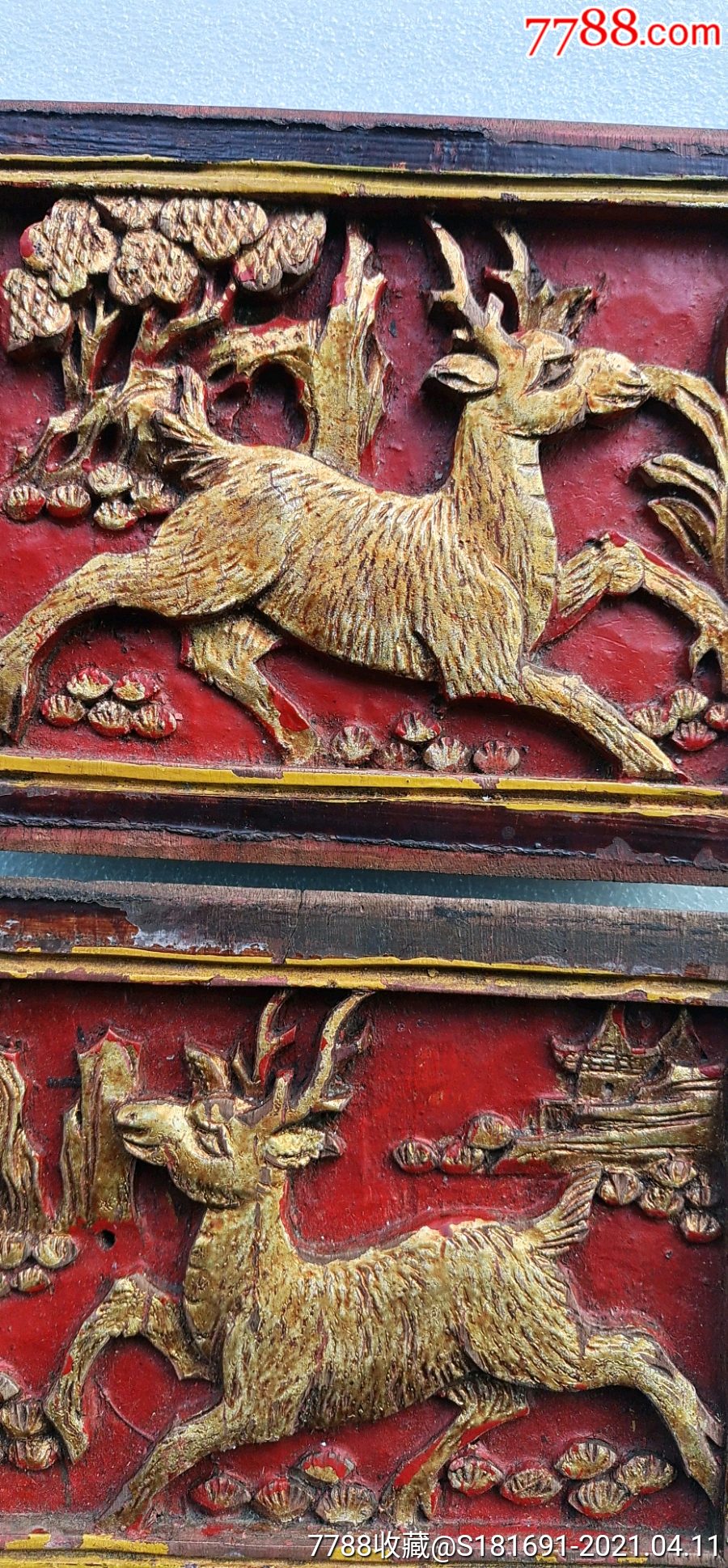 民国时期一对深浮雕鎏金梅花鹿合售