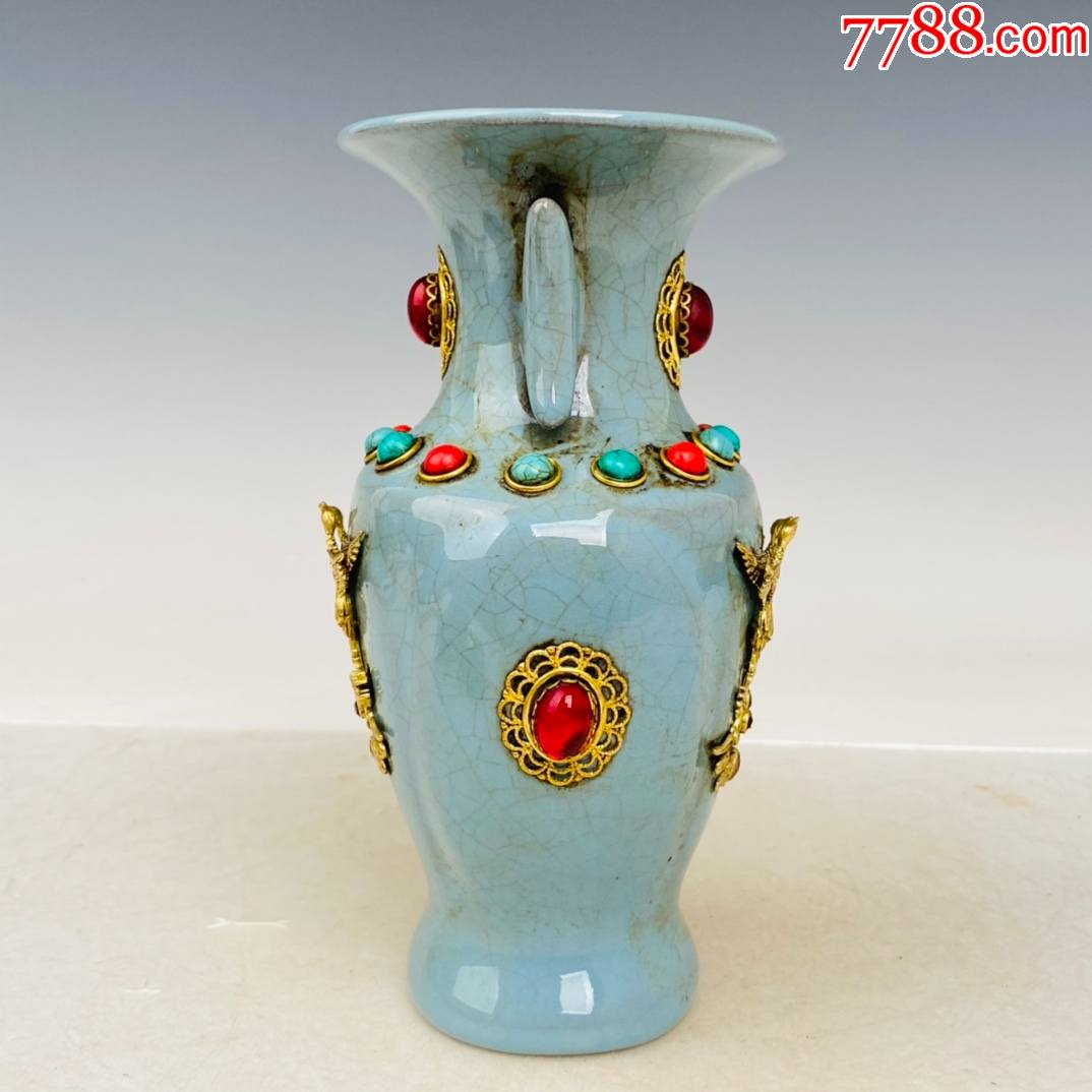 汝瓷镶金宝石花瓶,高17.5厘米,直径10厘米(工艺品)