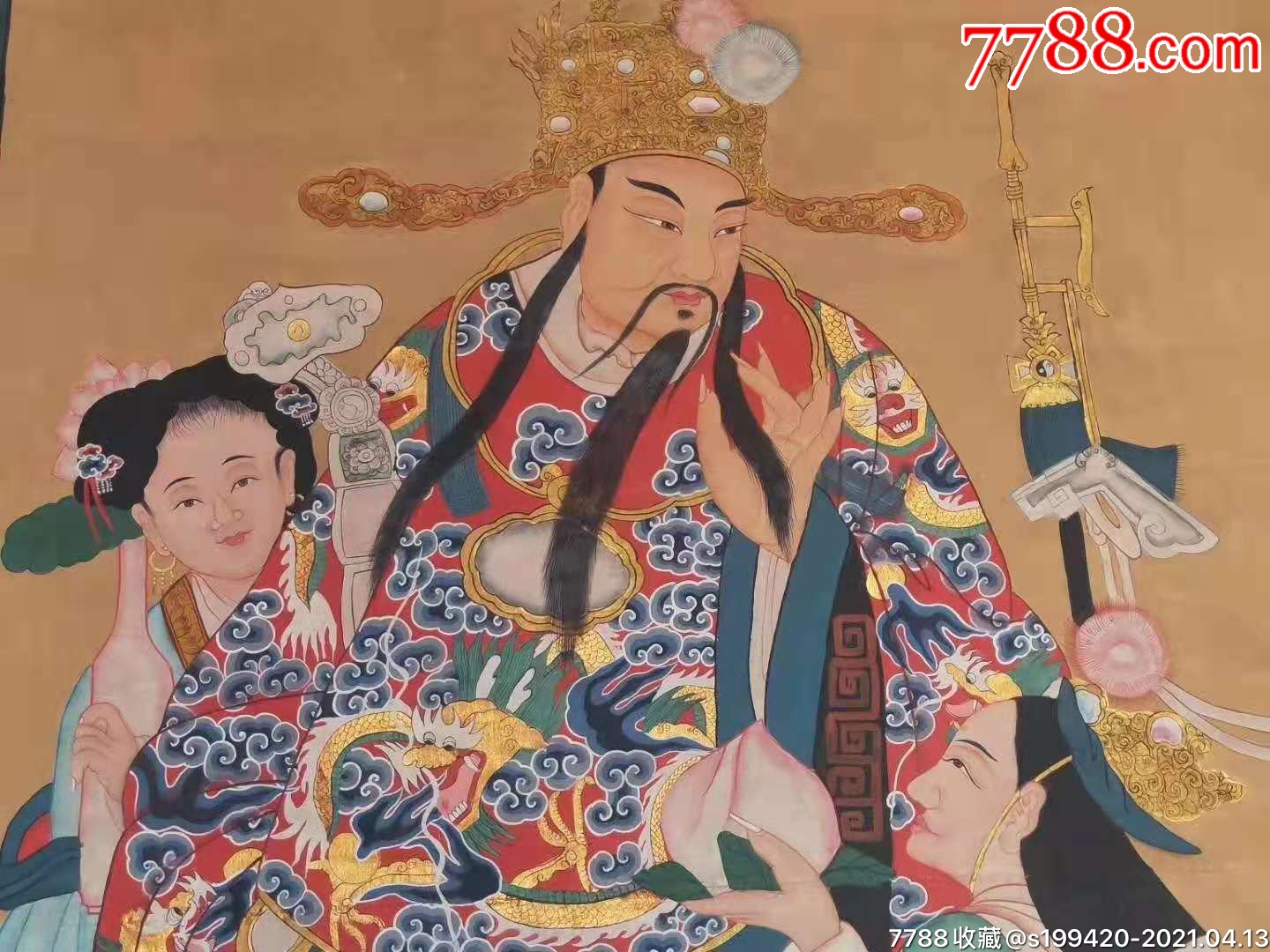 民国纯手绘老粗布五彩描金财神爷画像.