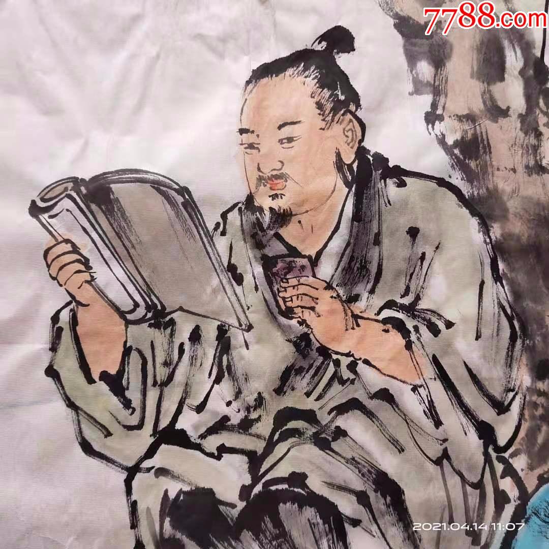 精品写意三尺人物画国画,一个文人在柳树下一边喝茶一边看书