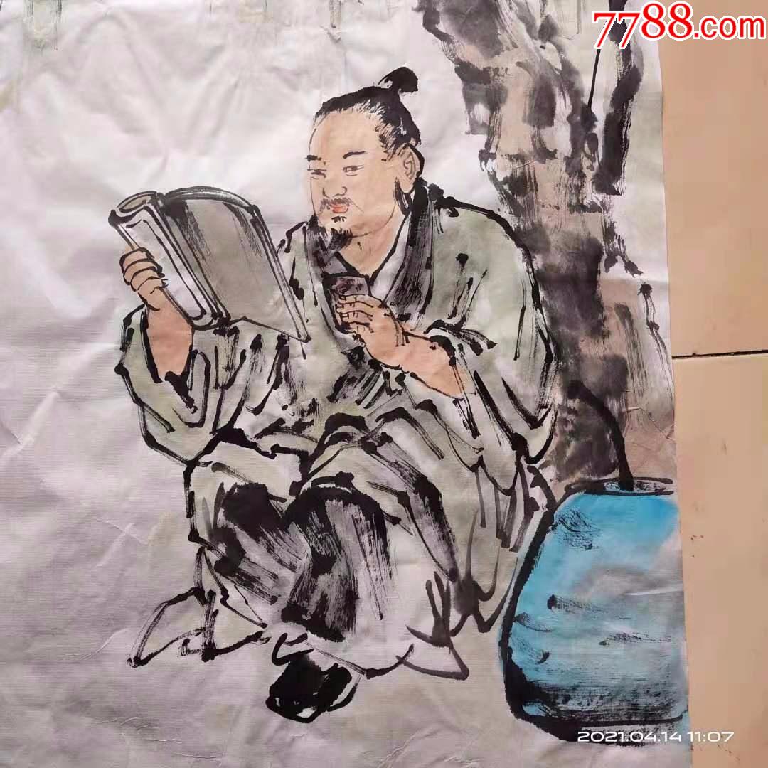 精品写意三尺人物画国画,一个文人在柳树下一边喝茶一边看书