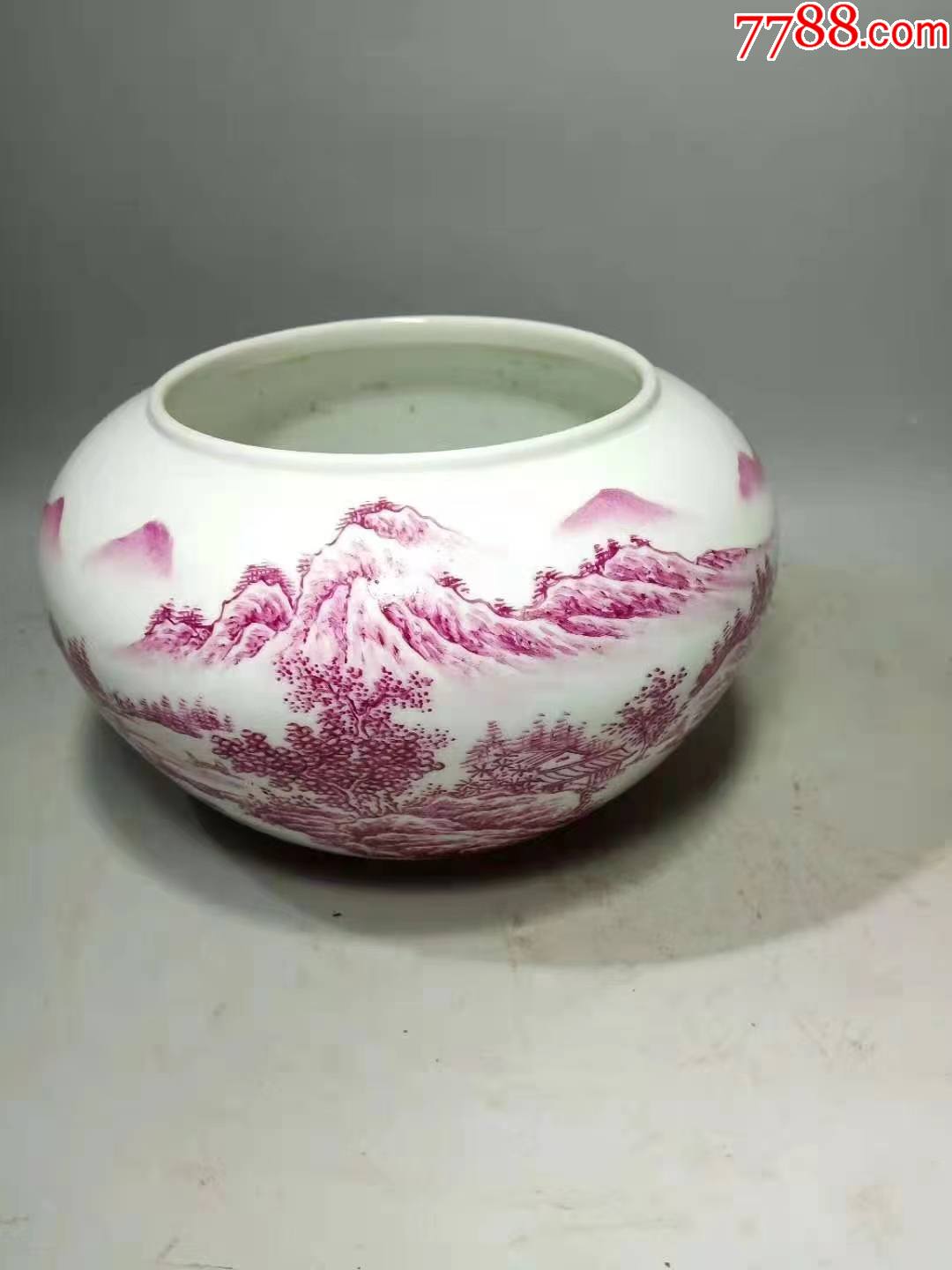 民国工艺师张志汤款,手绘胭脂红山水纹水洗文房