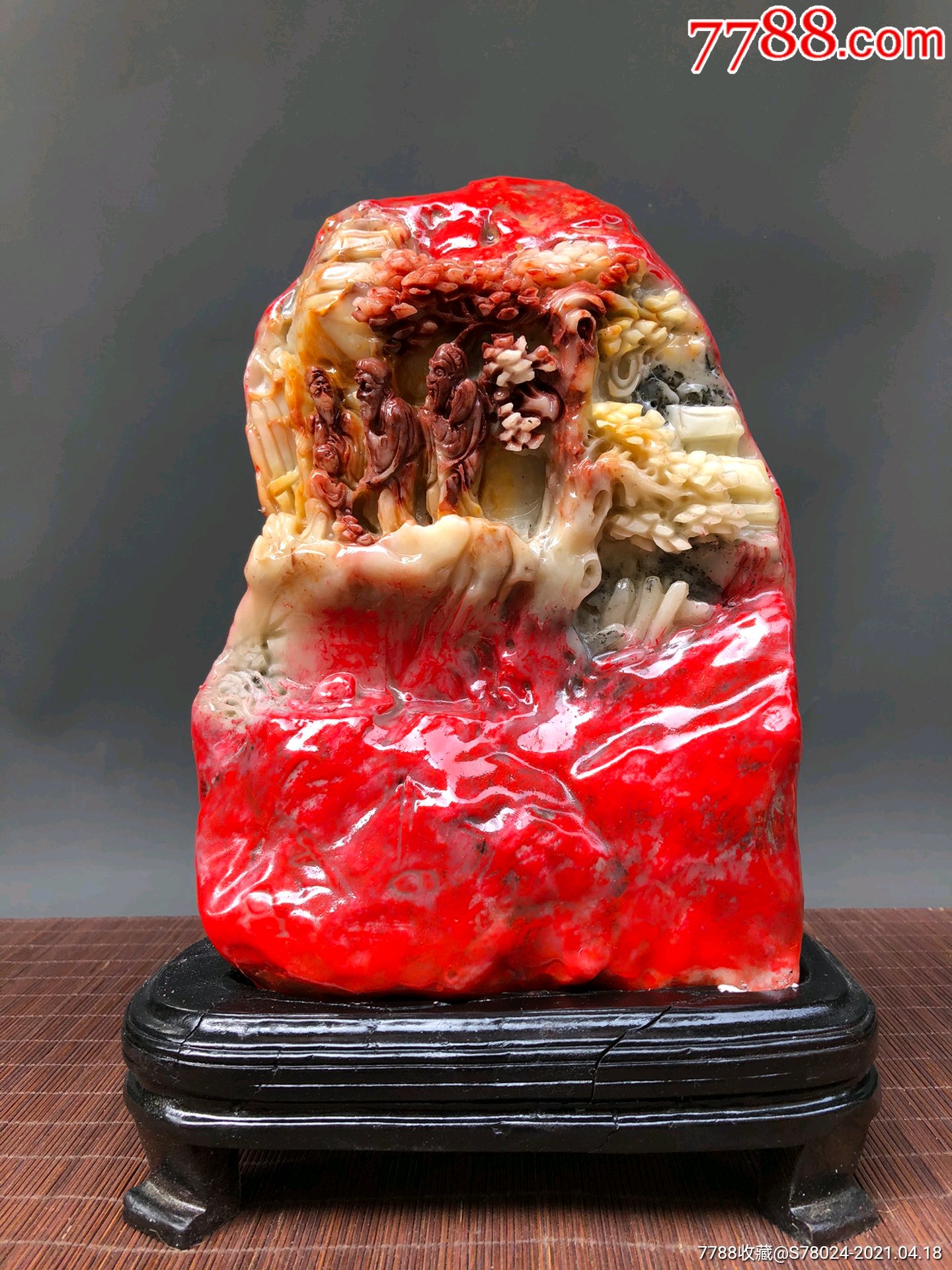 鸡血石大红袍松下聚贤大摆件