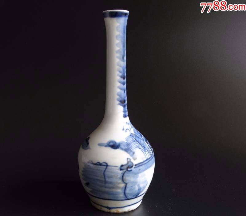 清代中期德化窑山水青花长劲瓶老花瓶
