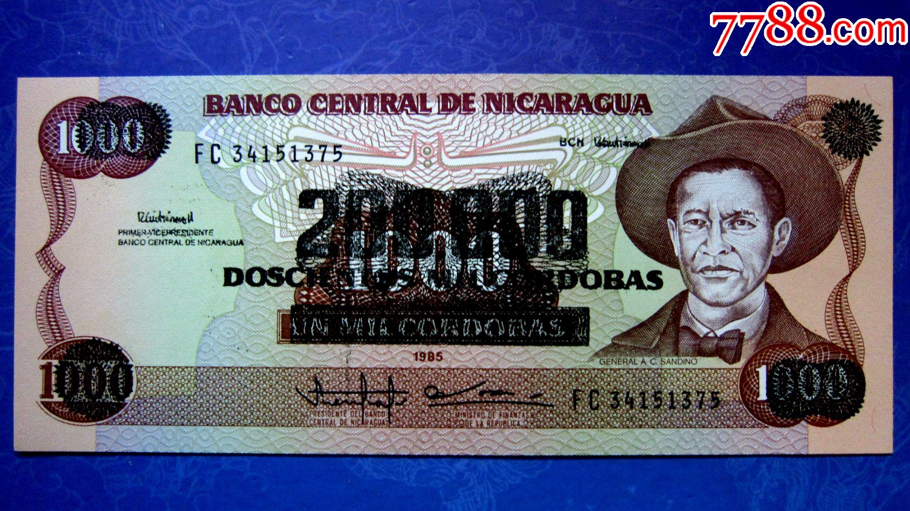 稀少改值钞保真精美外钞尼加拉瓜1000改20万科多巴荧光水印金属线防伪