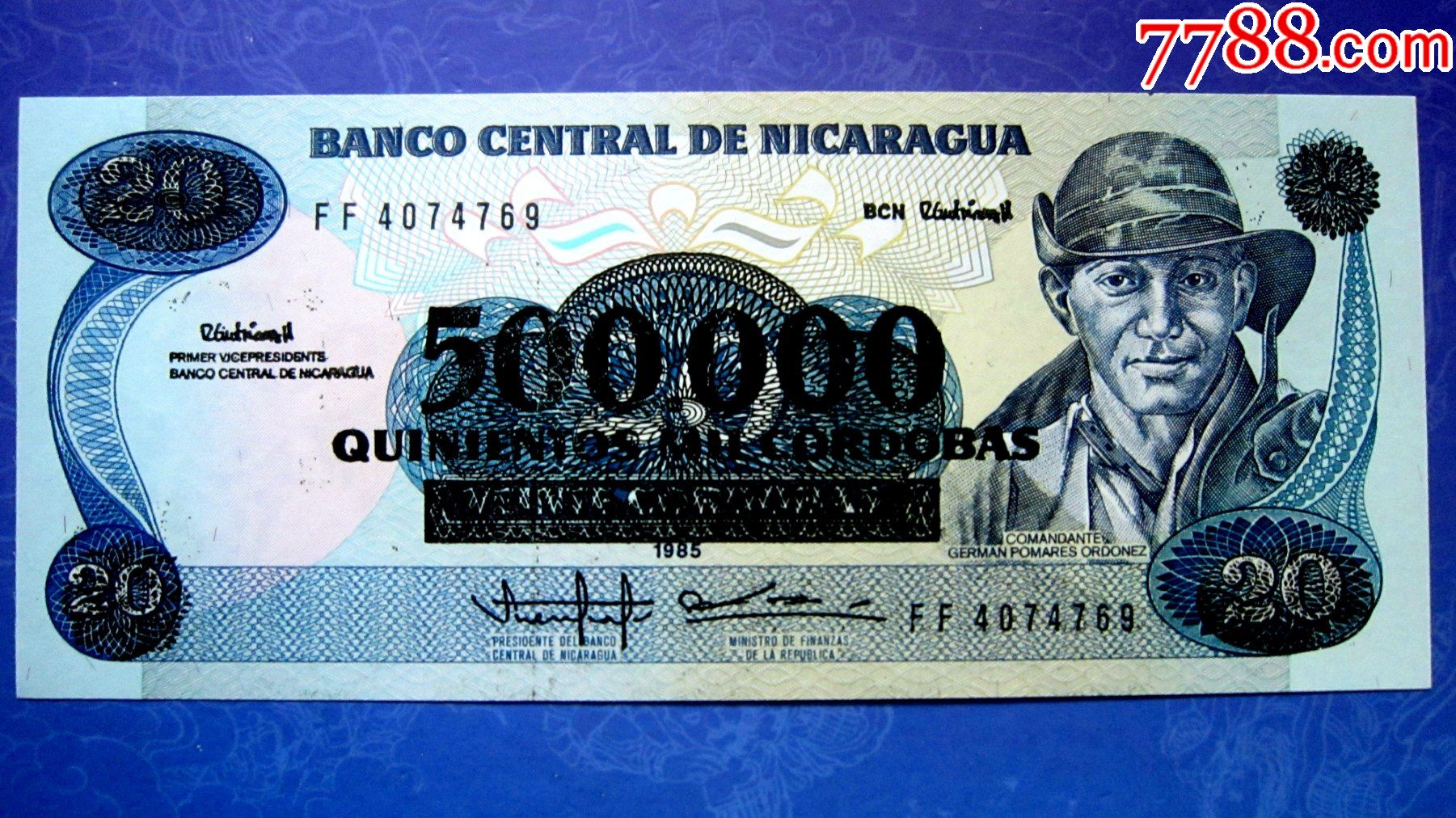 稀少改值钞保真精美外钞尼加拉瓜20改50万科多巴荧光水印金属线三重