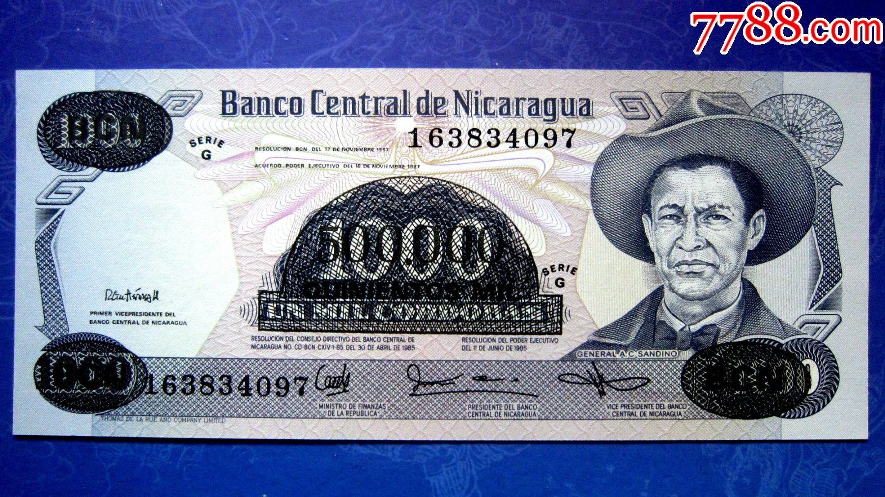 稀少改值钞保真精美外钞尼加拉瓜1000改50万科多巴荧光水印金属线防伪