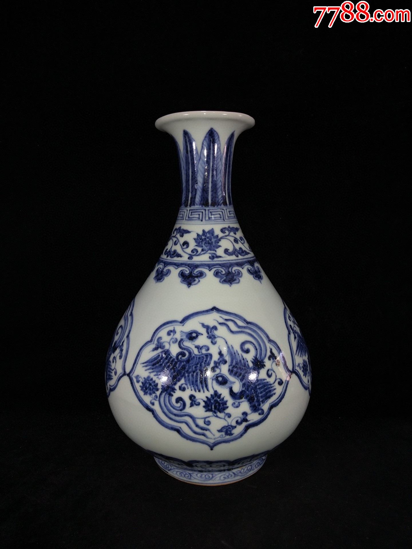 青花凤纹玉壶春瓶高32厘米直径20厘米工艺品
