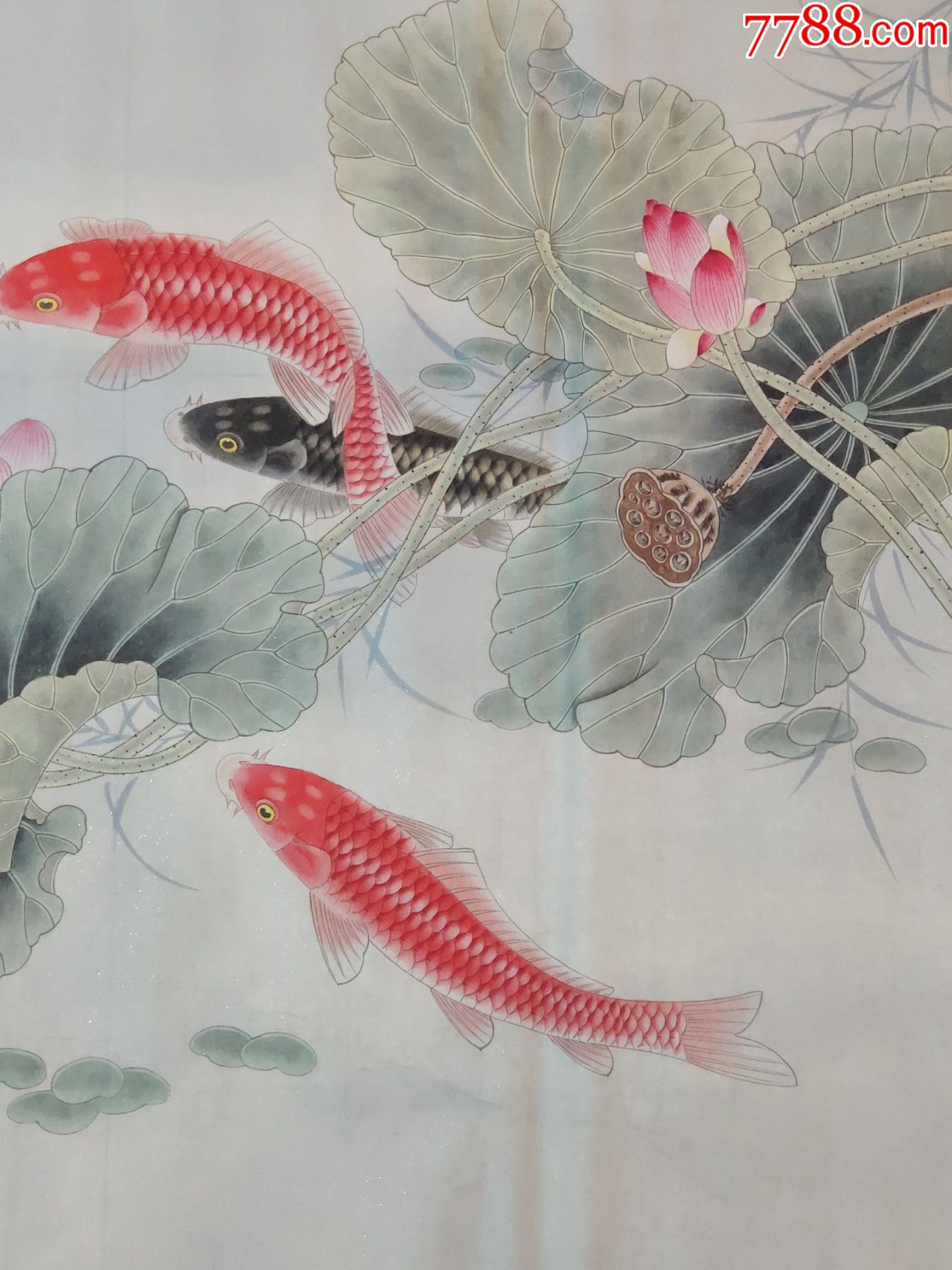 六尺整张工笔画荷塘鱼乐图
