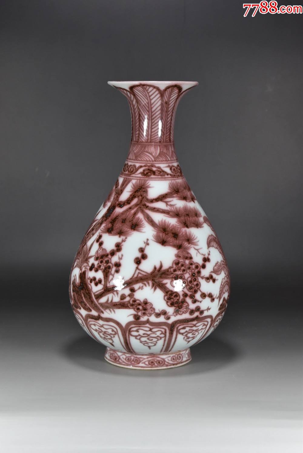 釉里红釉松竹梅纹玉壶春瓶高28厘米直径16厘米工艺品