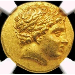 >> 稀少品早年古希腊金币腓力二世太阳神阿波罗头像和双马车图金币ngc