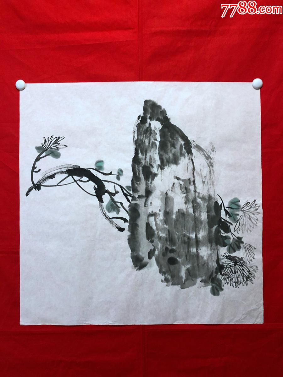 书画11999无款花鸟画菊石图四尺斗方
