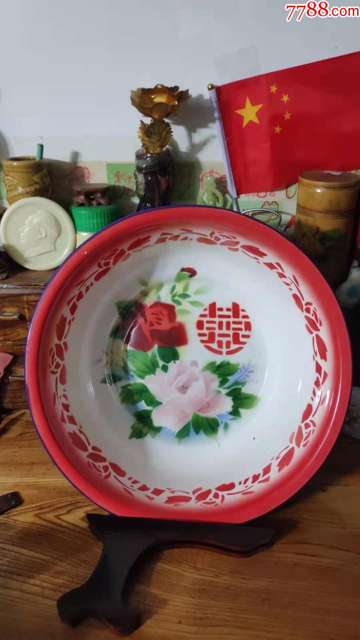 上世纪6080年代沈阳搪瓷双喜花卉图案烤瓷搪瓷盆民俗老物品总第185组