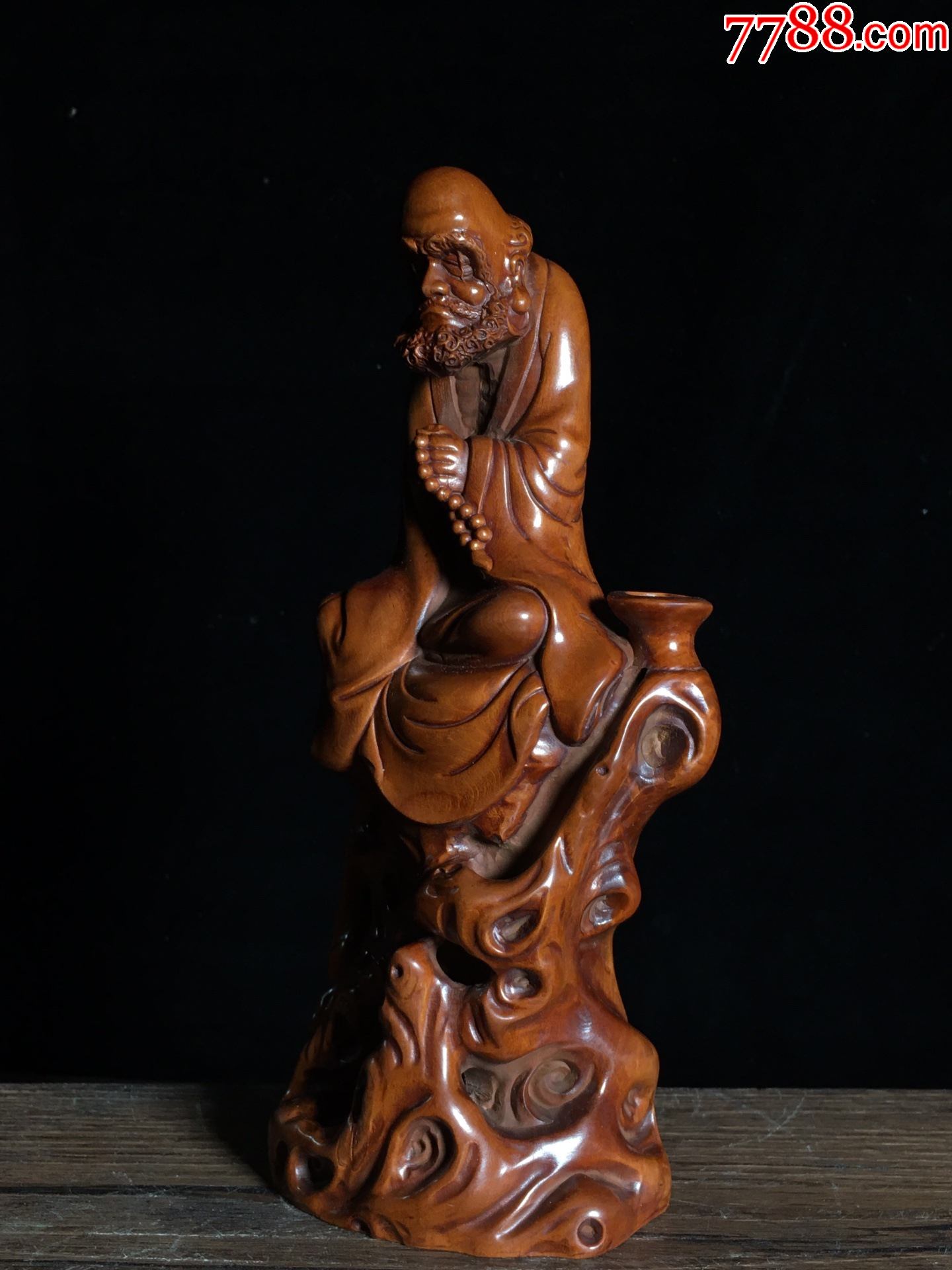 黄杨木手工雕刻达摩倒流香摆件-木佛像/人像-7788木艺