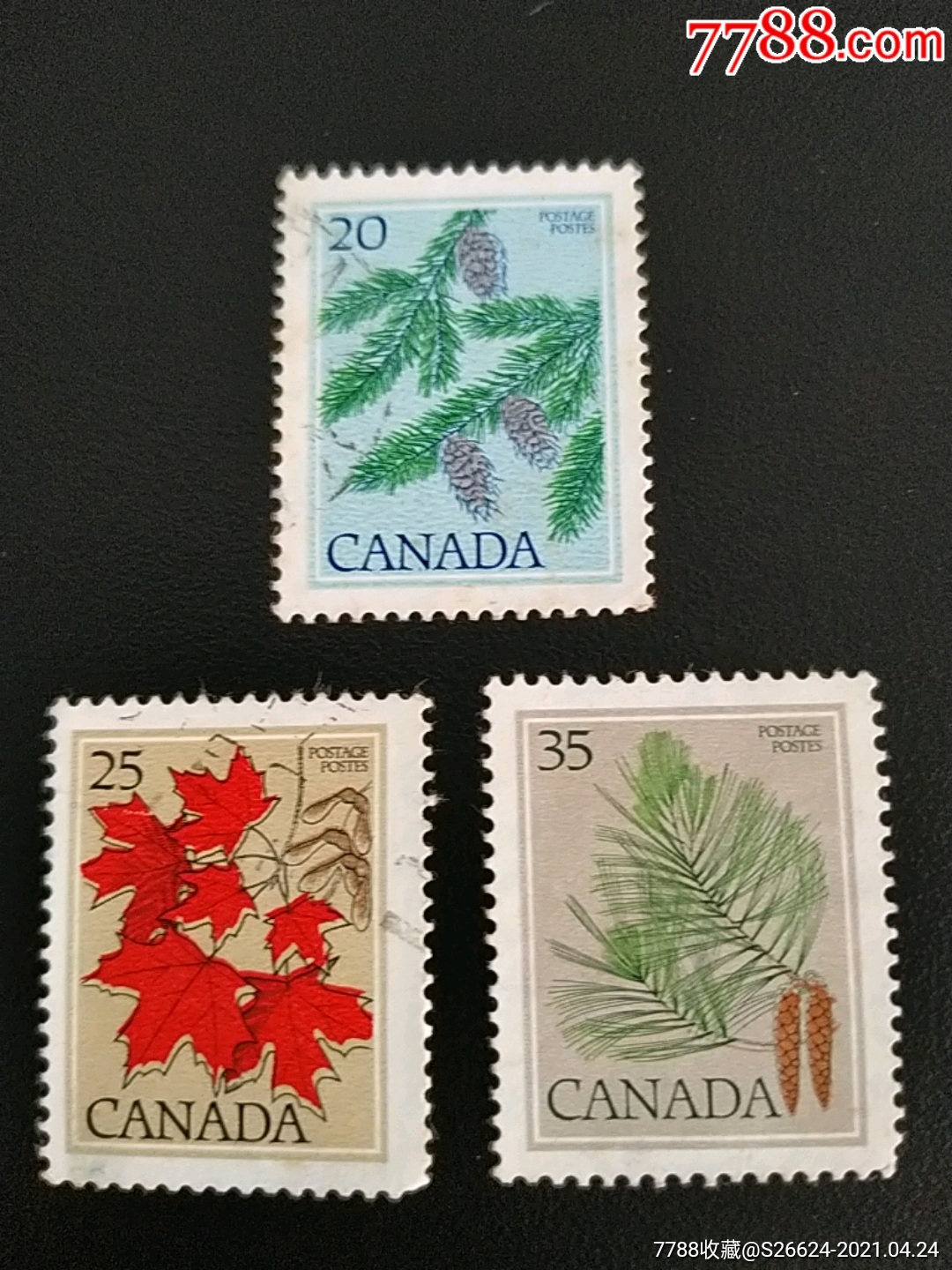 1977年加拿大树木叶,冷杉叶和枫树叶及红橡叶雕刻版普通邮票3枚销