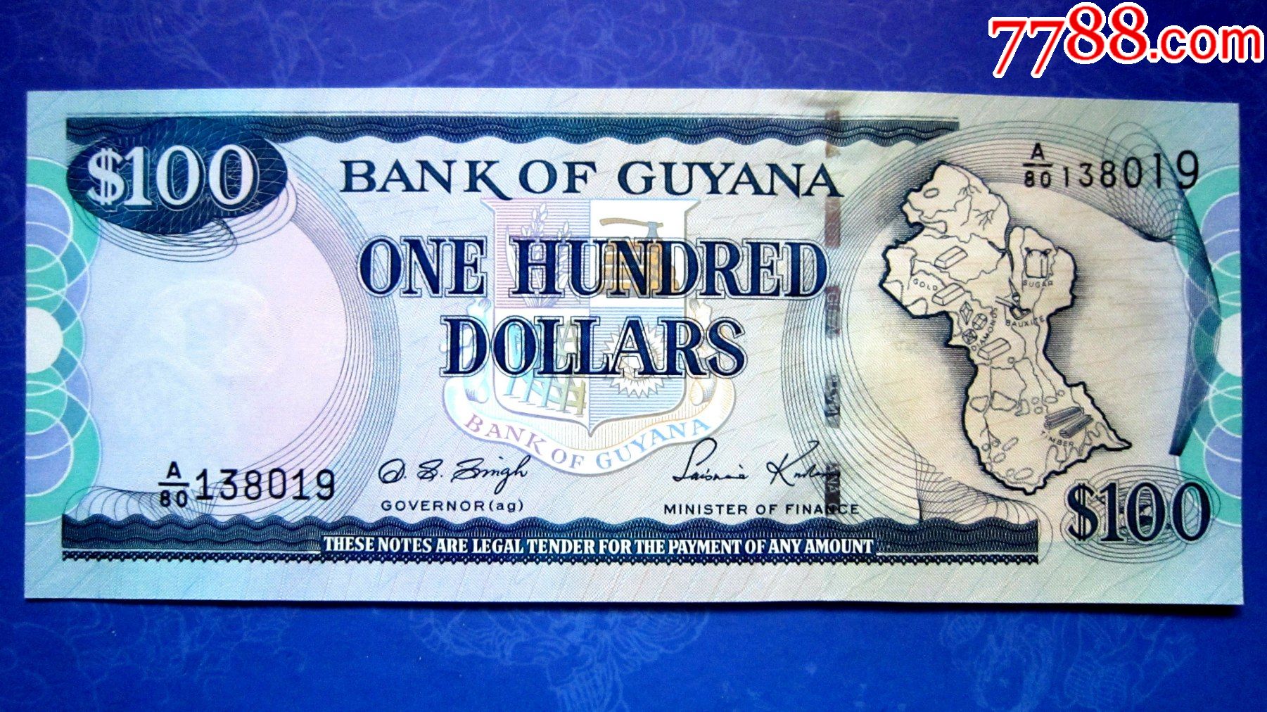 【保真精美外钞】圭亚那1999年100元【荧光水印金属线三重防伪】
