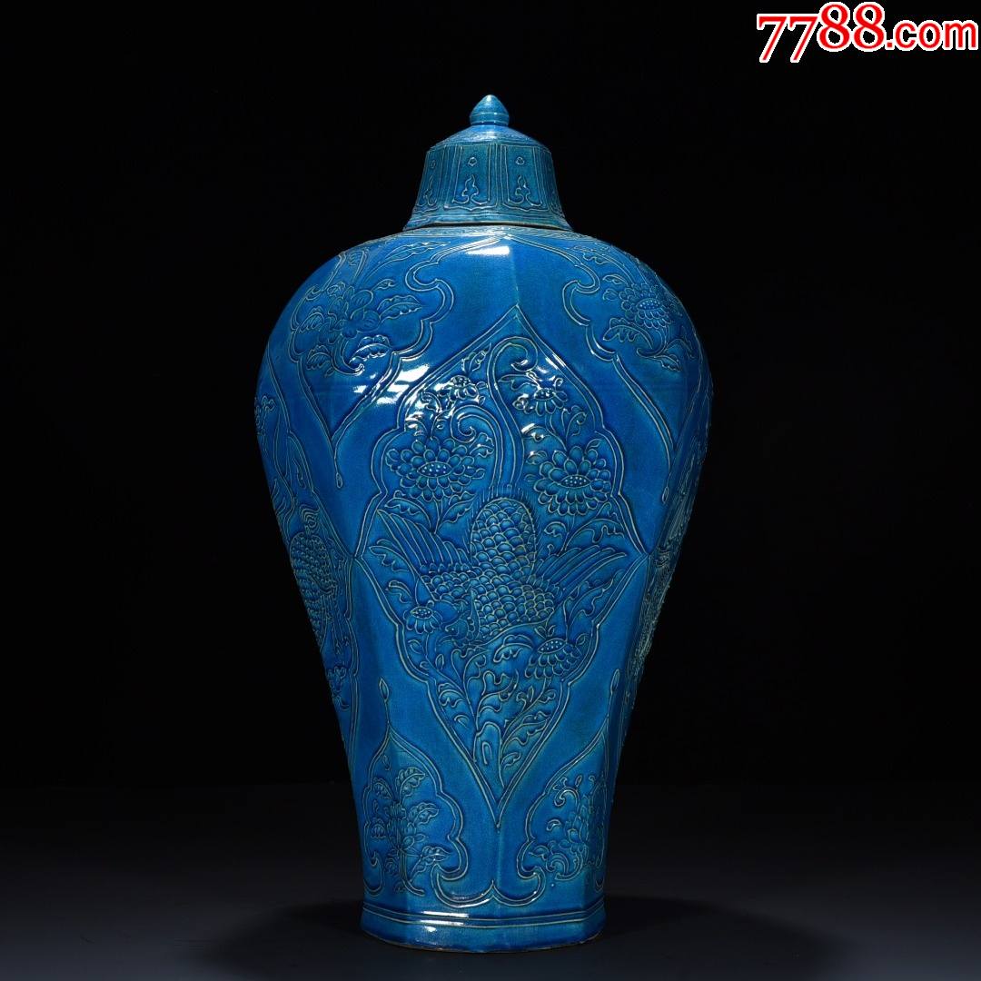 孔雀蓝釉珐华麒麟凤纹八方梅瓶4624厘米工艺品