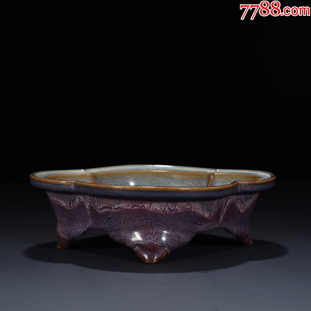 钧窑玫瑰紫釉海棠式笔洗826厘米工艺品