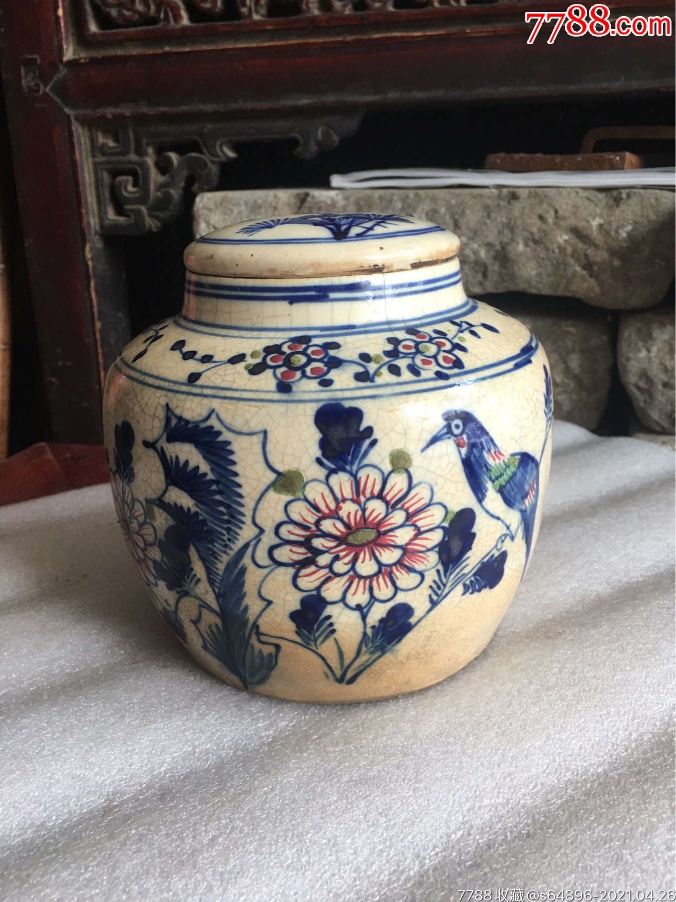 清代三彩美工带诗文老瓷罐