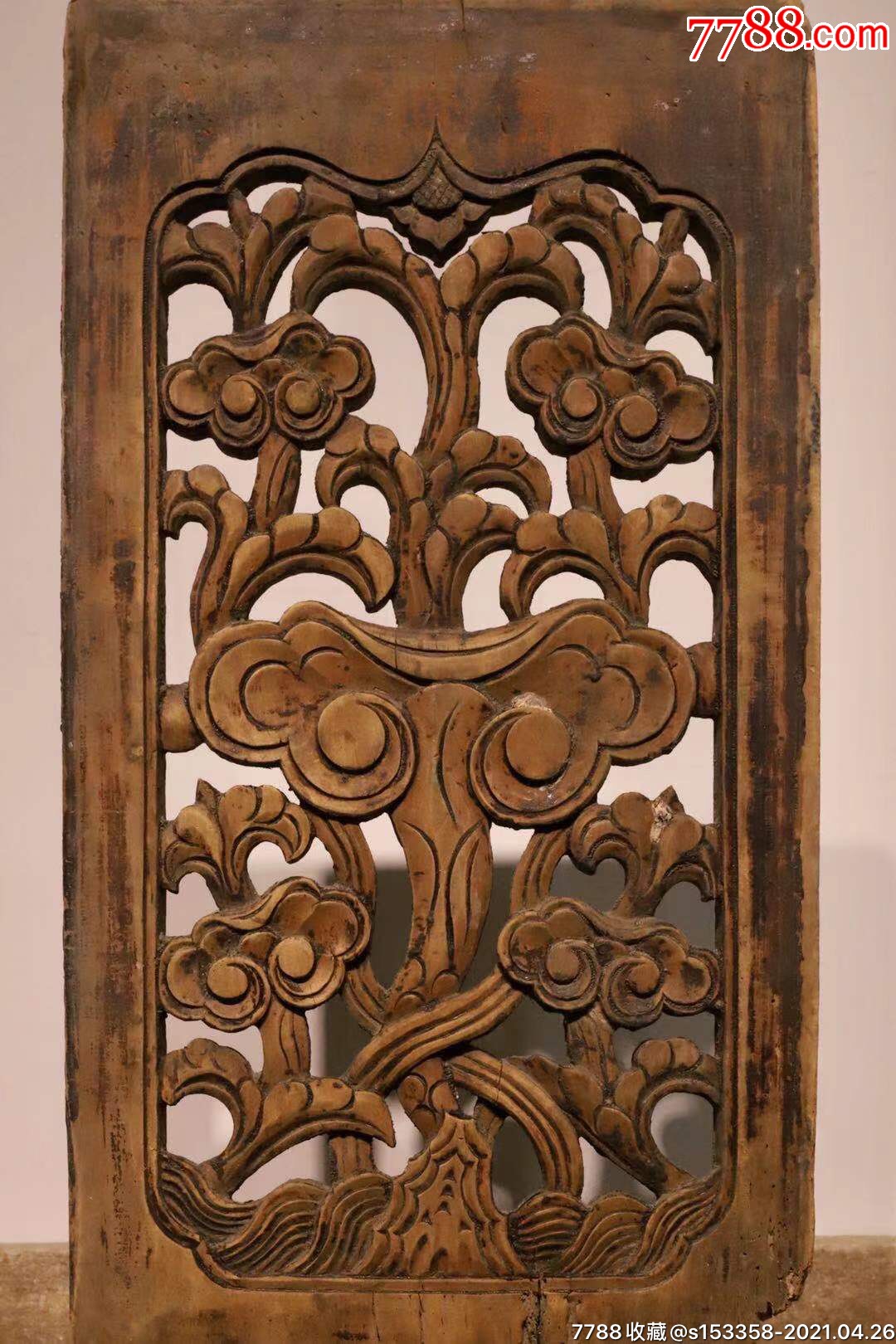 楠木透雕灵芝花板双面工完整一对