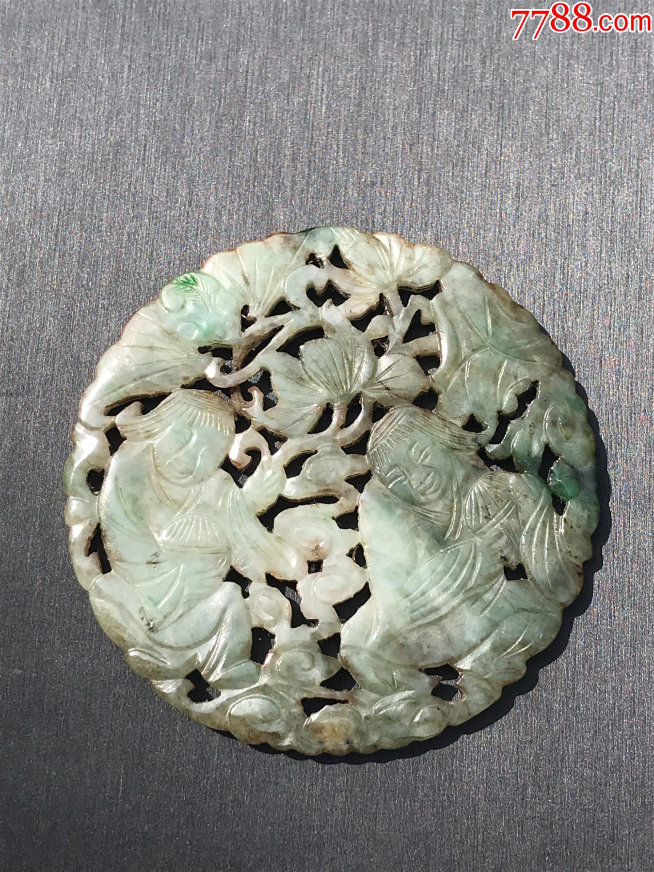 清代老坑翡翠和合二仙人物牌