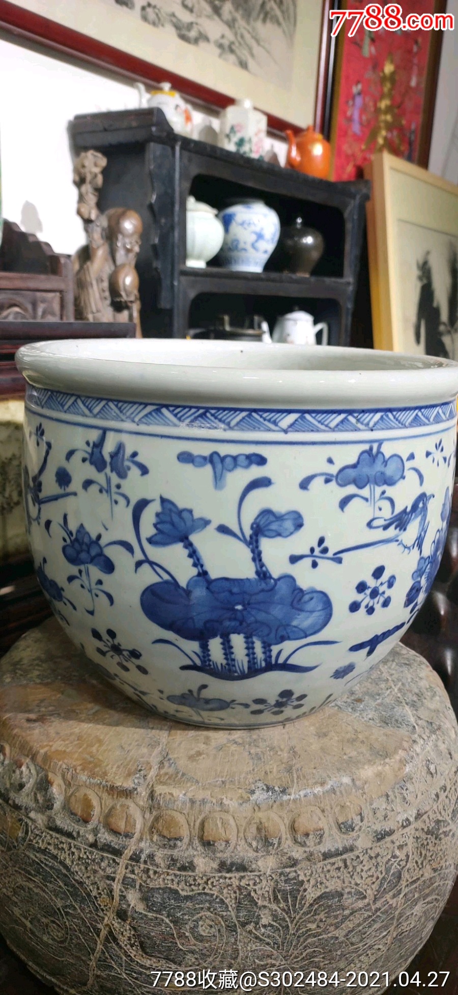 清,青花芙蓉荷花文房卷缸.