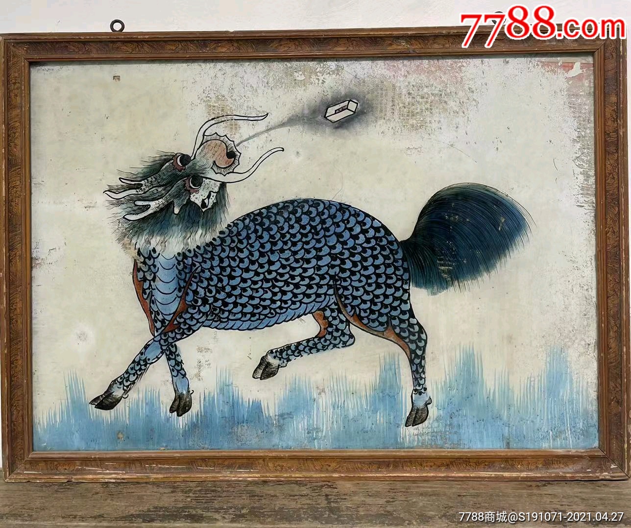 清代麒麟望月玻璃画尺码5545cm