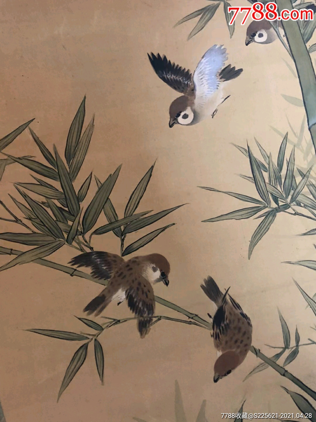 竹林飞鸟手绘绢本画